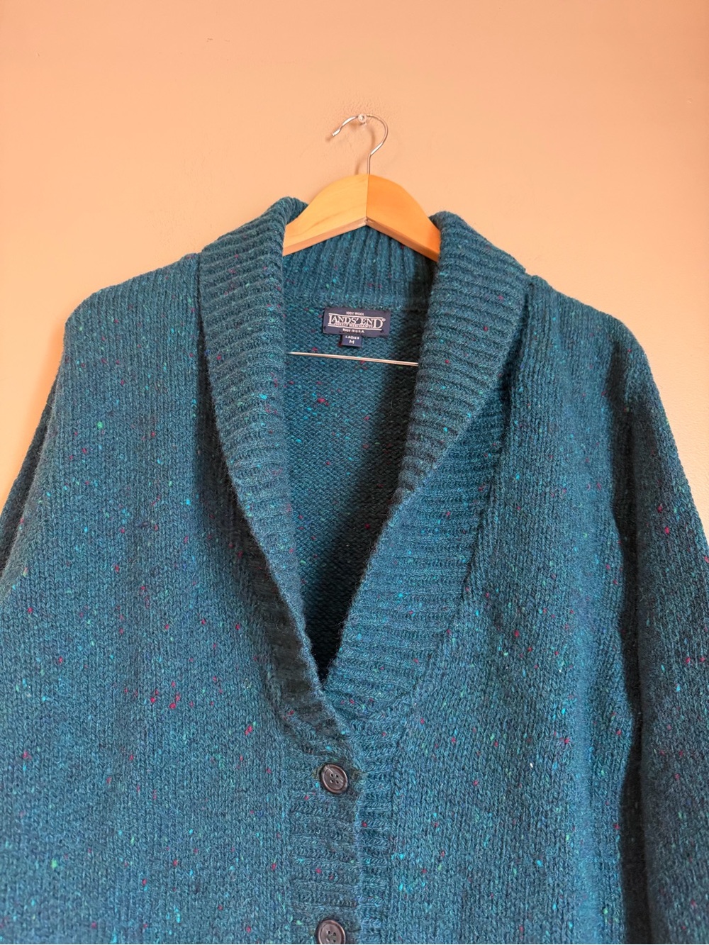 Vtg Lands' End 100% Wool Speckled Shawl Collar Cardigan Sweater Women M - Picture 6 of 8